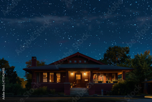 The profound silence of a suburban night, a burgundy Craftsman style house stands under the peaceful celestial sky, restful and undisturbed © Creative artist1