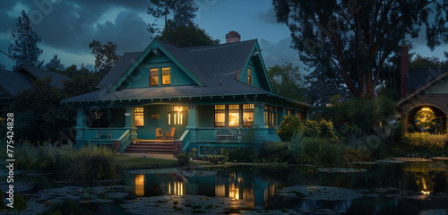 The tranquility of suburban night, a deep turquoise Craftsman style house standing quiet, the silence only broken by the occasional night breeze, peaceful and restful