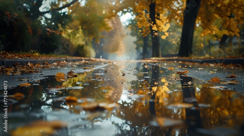A water puddle with leaves in a park, surrounded by trees and natural landscape