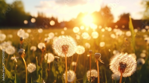 Beautiful fluffy dandelions on the meadow with golden morning sunrise. Nature landscape background.