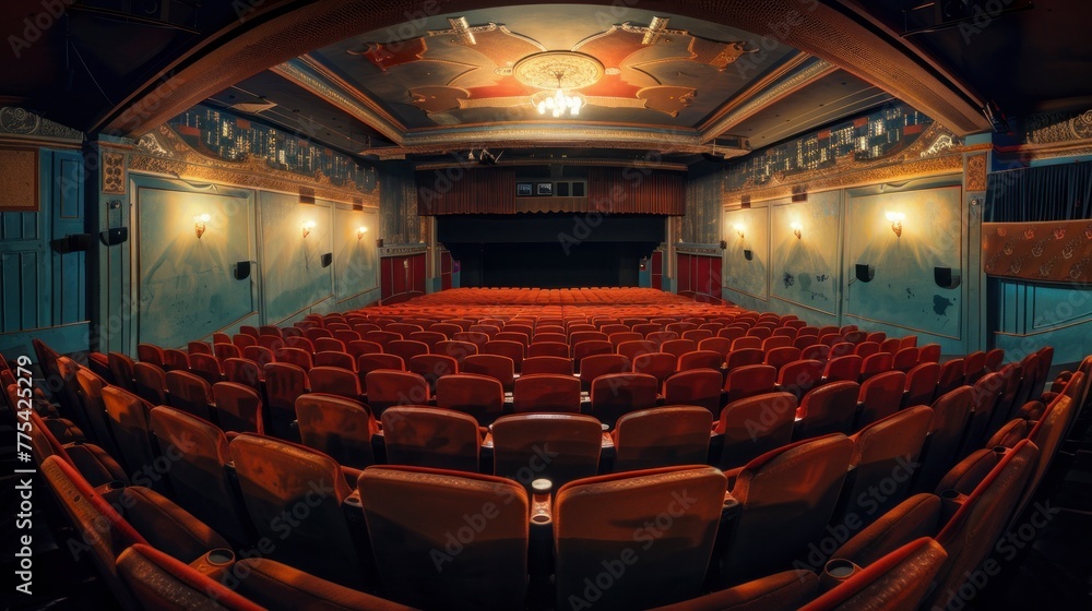 movie theater with red chairs and a big screen in a real theater in ...