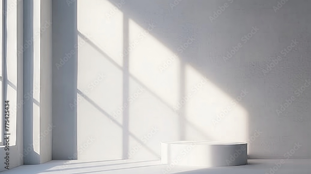 Empty simple background for presentation with wall and podium. Sunlight from the window casts a shadow on light wall. Empty simple background for presentation with wall and podium. Sunlight from the window casts a shadow on light wall.