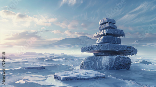 Inukshuks standing sentinel on the frozen landscape photo