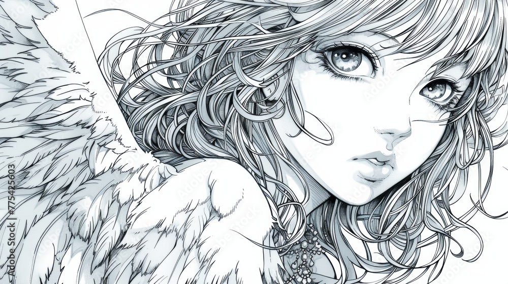 Fototapeta premium Line art drawing of a cartoon angel portrait