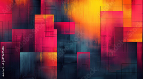 Red and blue digital abstract blocks with a glowing effect.