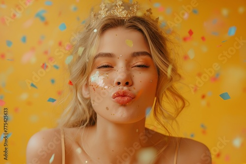 Beautiful young woman with princess crown blowing kiss with confetti, holiday concept