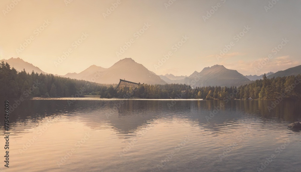 panorama of high resolution mountain lake strbske pleso in slovakia vintage retro color tone
