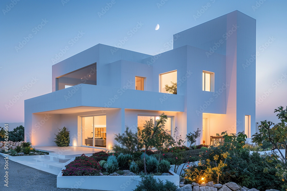 A luminous white home with organic landscaping under the early evening sky, reflecting a serene and minimalist lifestyle.