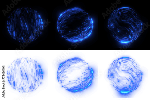 3 Swirling blue particle orb, glowing with kinetic energy for overlays. Isolated on black and transparent, 3D render