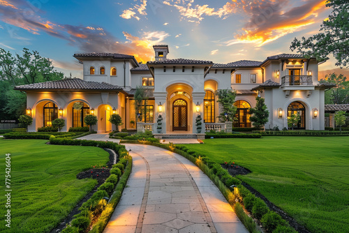 Front view of a grand luxury home with a lush green yard, inviting walkway to the ornate porch, showcasing architectural design at sunset. © Creative artist1