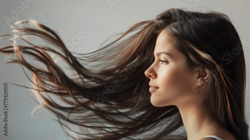 Portrait of a Woman with Long Brunette Hair. Wind-Blown in Close-Up Profile