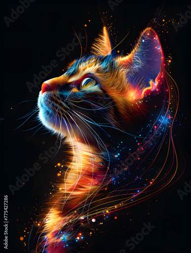 Designed vector silhouettes of colorful cat due to gravitational waves, beautifully designed wavelengths.