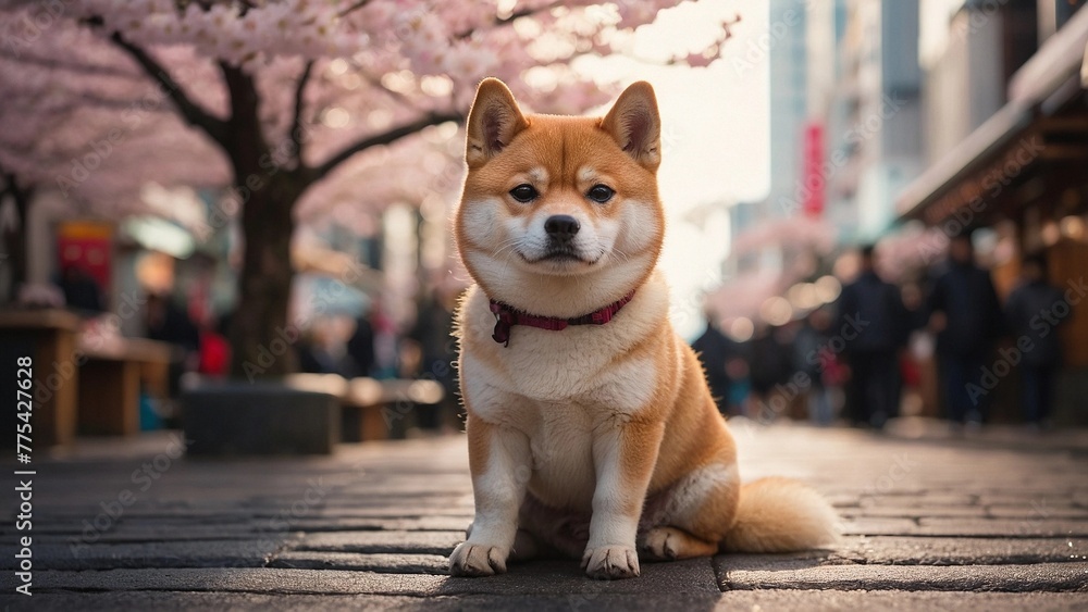 Shiba Inu outdoors during cherry blossom season