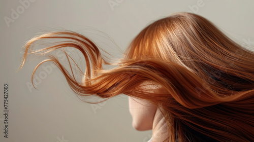 Flowing Ginger Hair. Close-Up Portrait of Hair in Motion.