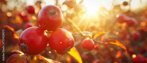  A detailed image of several ripe tomatoes hanging from tree limbs, illuminated by the bright sunlight filtering through the foliage behind them