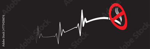 No smoking sign concept with ekg ecg heartbeat design. Smoking causes heart disease vector illustration with cigarette and heartbeat monitor design. 