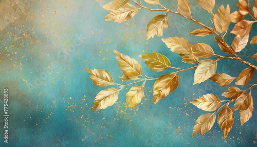 grunge gold leaves tree branch on blue teal textured background golden cold colors nature plant art backdrop autumn thanksgiving cool tones floral web mobile illustration overlay art painting © Aedan