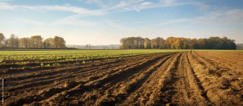 In the rural landscape, a tractor is visible in the distance within a vast field of crops under the open sky