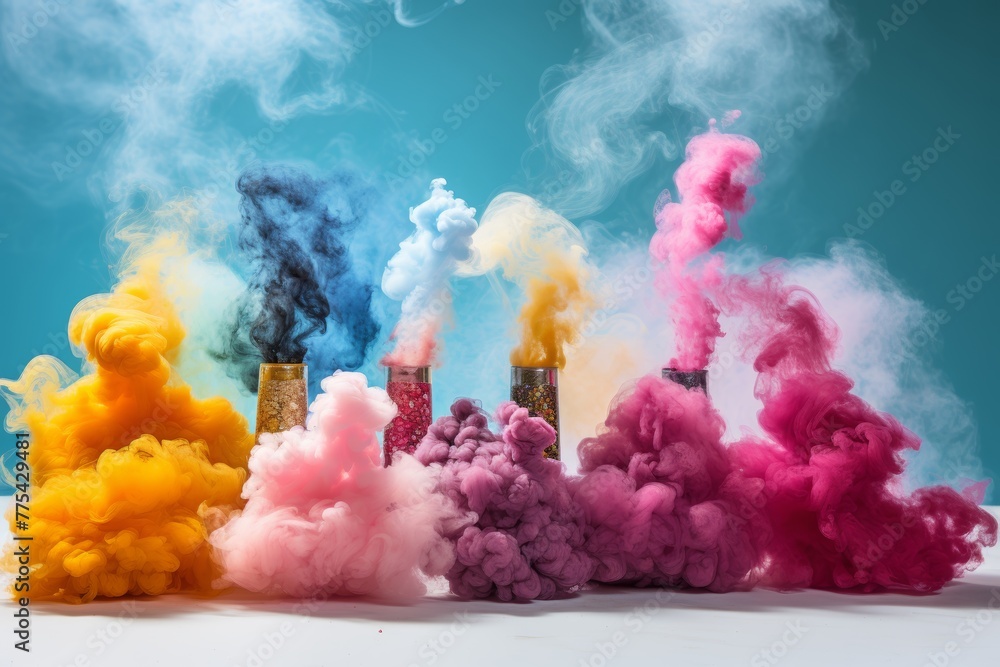Multicolor smoke rising from small glass bottles on a white surface with a blue background. The smoke is pink, blue, yellow, purple, and black. Isolated on a blue background.