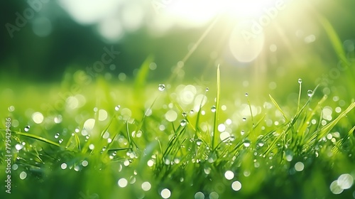 Juicy green grass in morning dew or rain water drops on blurred greenery and sunlight background. Spring summer landscape concept.