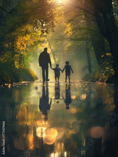 A man and two children walking down a path in the woods. Generative AI.