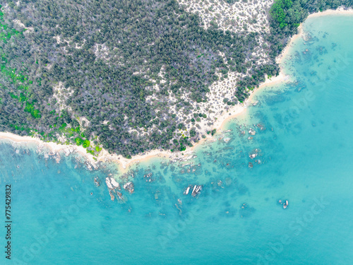 Aerial photography of coastal scenery in Qizi Bay, Changjiang, Hainan, China in summer