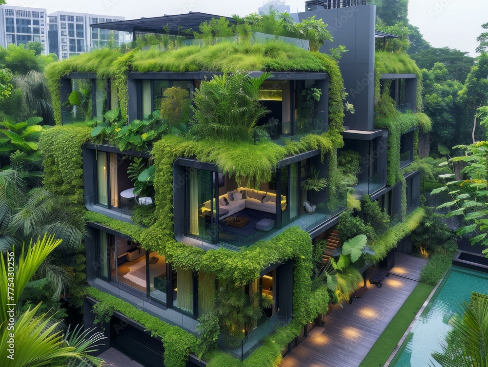 A tall building with a pool and lush green vegetation. Generative AI.