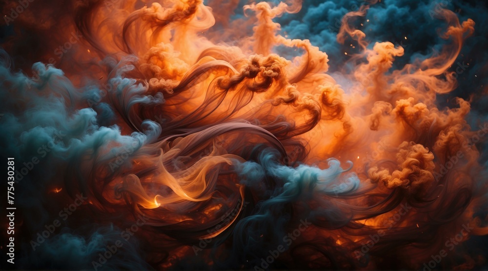 An image of a swirling cloud with orange and blue colors. Generative AI. An image of a swirling cloud with orange and blue colors. Generative AI.