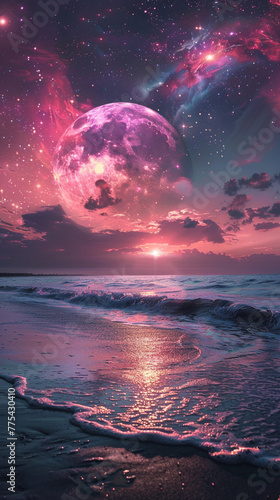 A serene and tranquil scene on a habitable moon, with gentle waves lapping against sandy shores, and a colorful sky dotted with distant stars.