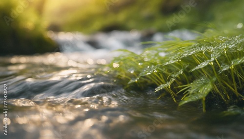 beautiful spring detailed close up stream of fresh water with young green plants horizontal banner springtime concept abstract outdoor wild nature background ai generative image