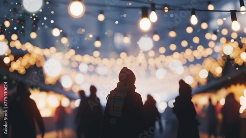 minimalistic background: symbolic contours of the Christmas market with the soft light of garlands, snowflakes, silhouettes of people, simplicity and purity of lines, 4k resolution, no text, no