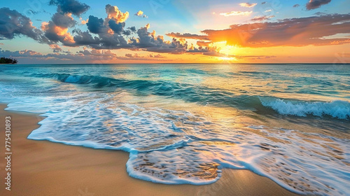 A serene beach with golden sands and gentle waves rolling ashore under a colorful sunset sky photo