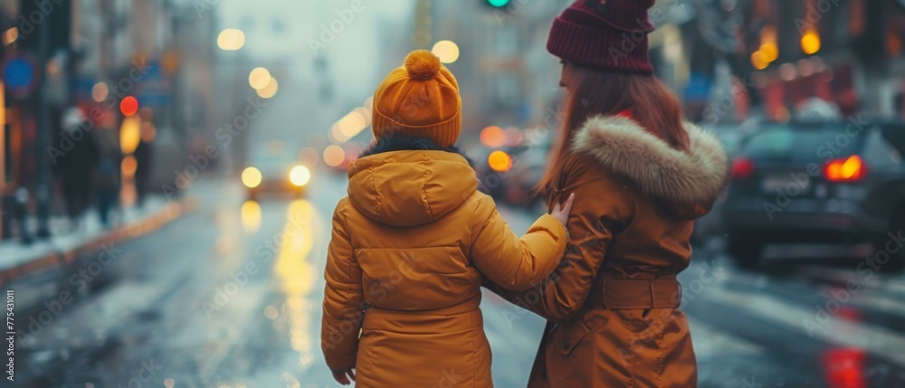 A woman and child walking down a street in the rain. Generative AI. A woman and child walking down a street in the rain. Generative AI.