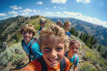 Active young kids, teenagers hiking in the mountains, summer camp