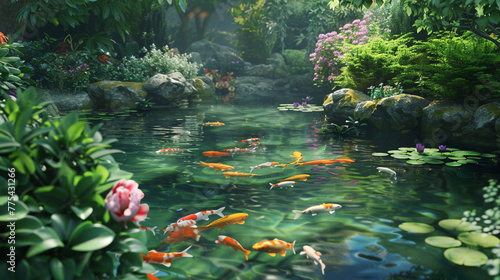 A serene garden pond with lily pads and colorful fish, surrounded by lush greenery and flowering bushes