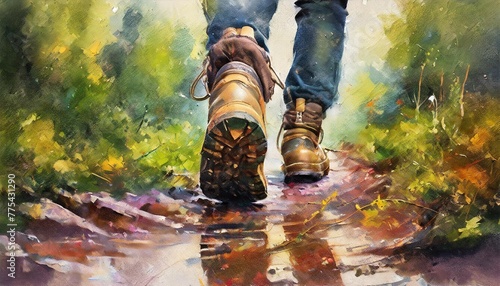 abstract expressionistic painting of a wilderness trek hiking boots treading an unseen path splatters and drips to depict mud and foliage bold color palette large canvas format photo