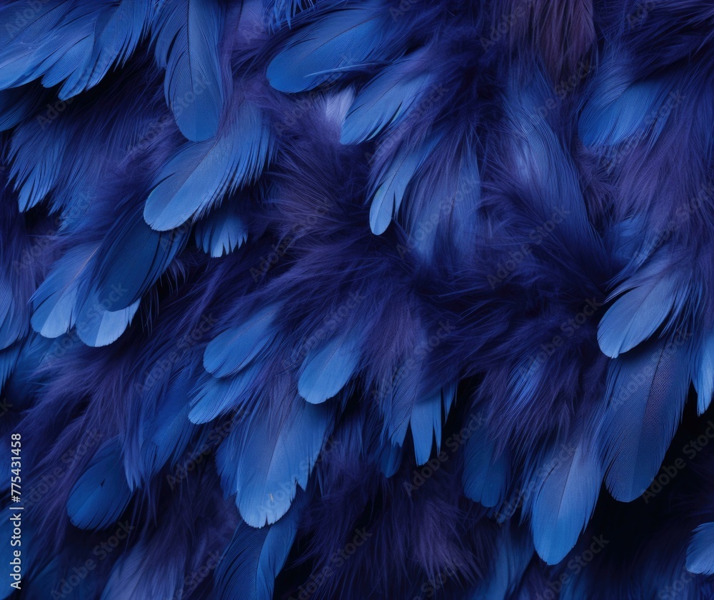 A close up of a blue feathery background with some purple feathers. Generative AI.
