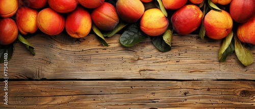   A close-up photo of juicy peaches resting on a wooden tabletop surrounded by green foliage