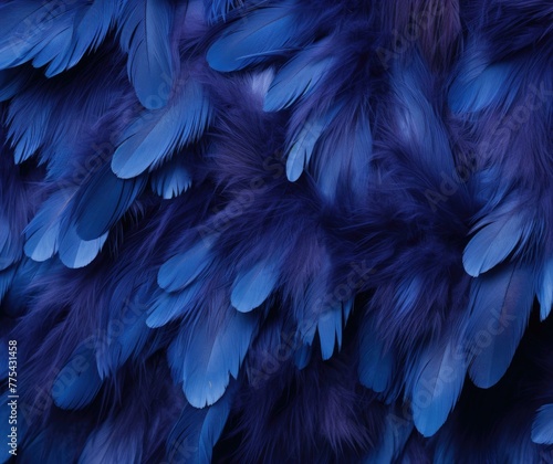 A close up of a blue feathery background with some purple feathers. Generative AI.