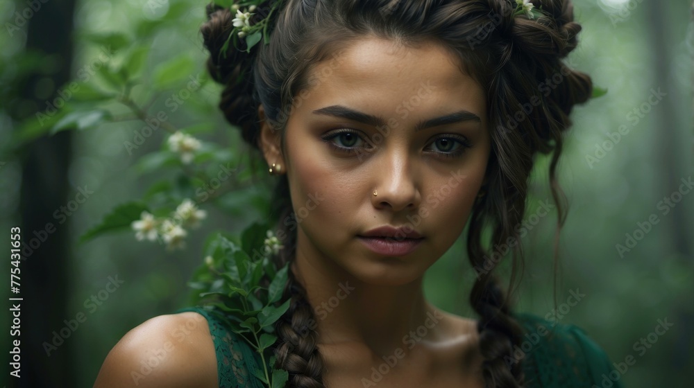 A woman with a green dress and flowers in her hair. Generative AI. A woman with a green dress and flowers in her hair. Generative AI.
