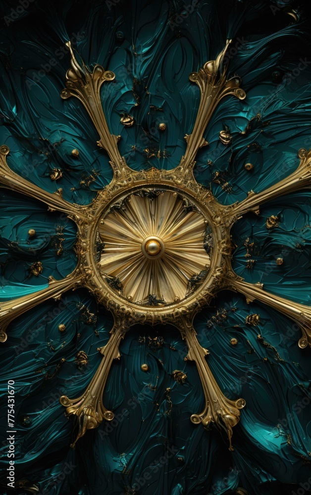 A close up of a decorative gold and blue ceiling with ornate designs. Generative AI.