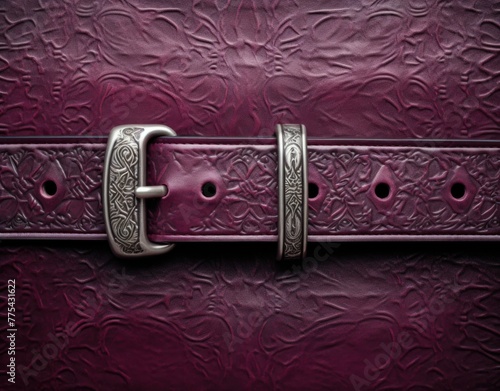 A close up of a purple belt with an ornate buckle. Generative AI. photo