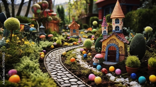 Enchanting Easter garden with winding pathways and whimsical surprises