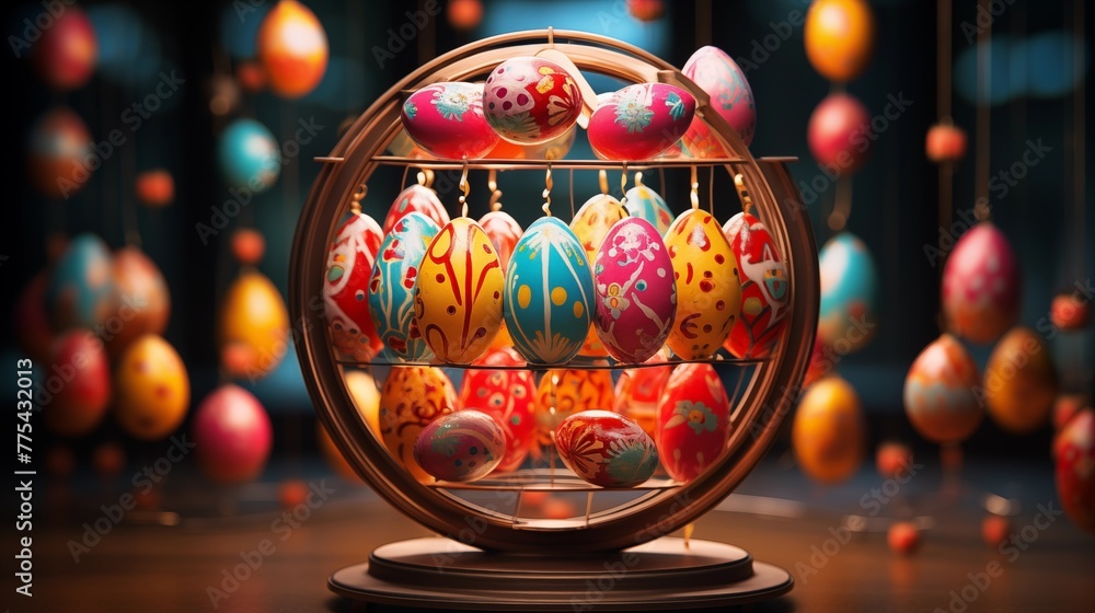 Festive Easter egg carousel spinning with colorful eggs