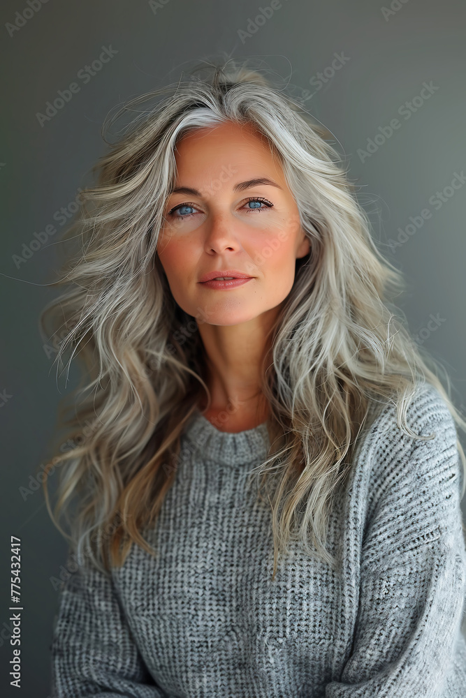 Naklejka premium Mid-aged woman with grey hair, natural beauty, generative ai
