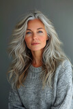 Mid-aged woman with grey hair, natural beauty, generative ai
