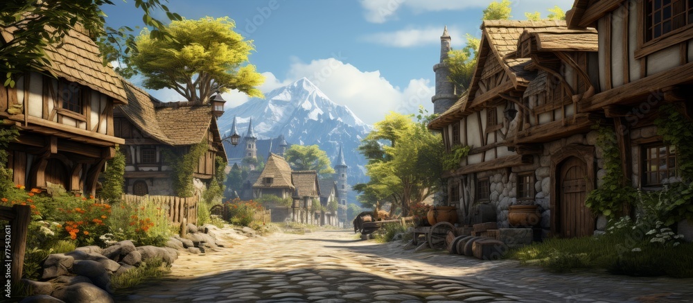 The scene captures a picturesque view of a quaint town street with a majestic mountain looming in the distance