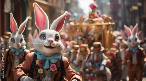 Joyful Easter parade with elaborately decorated floats and marching bands