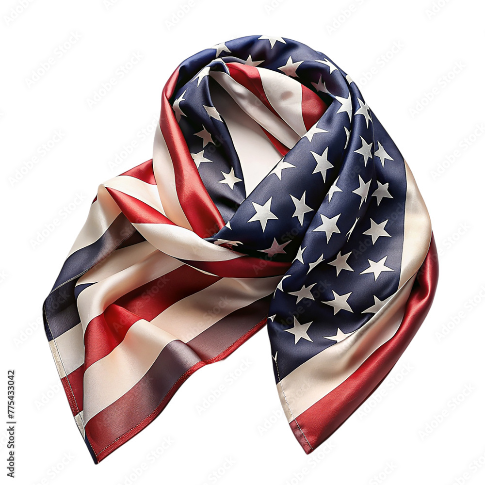 Fototapeta premium Patriotic Silk scarf With American flag isolated on transparent background.