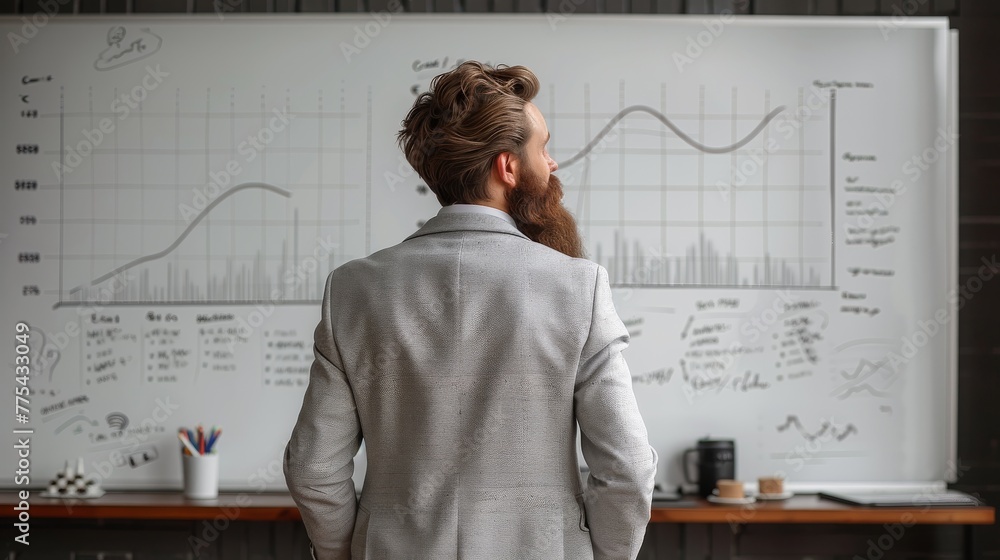 A man in formal wear is standing in front of a whiteboard with graphs, making gestures and pointing with a pen. He is giving a presentation at an event in a room with neat handwriting and clean fonts - obrazy, fototapety, plakaty 